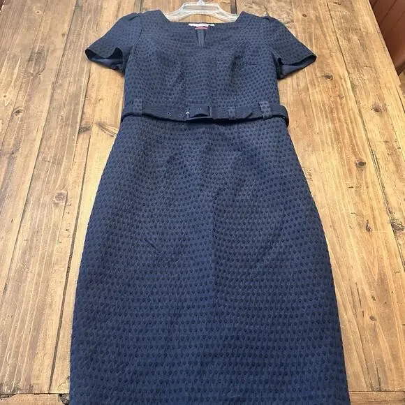 Boden Size 4 Pencil Dress Belted Midi Swiss Dots Navy Blue Classic Preppy - Picture 5 of 16
